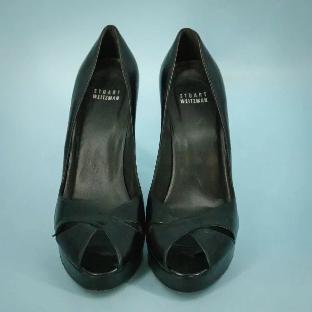 Stuart Weitzman Size 8.5 Black Leather Peep Toe Platform High Heel Pumps Shoes